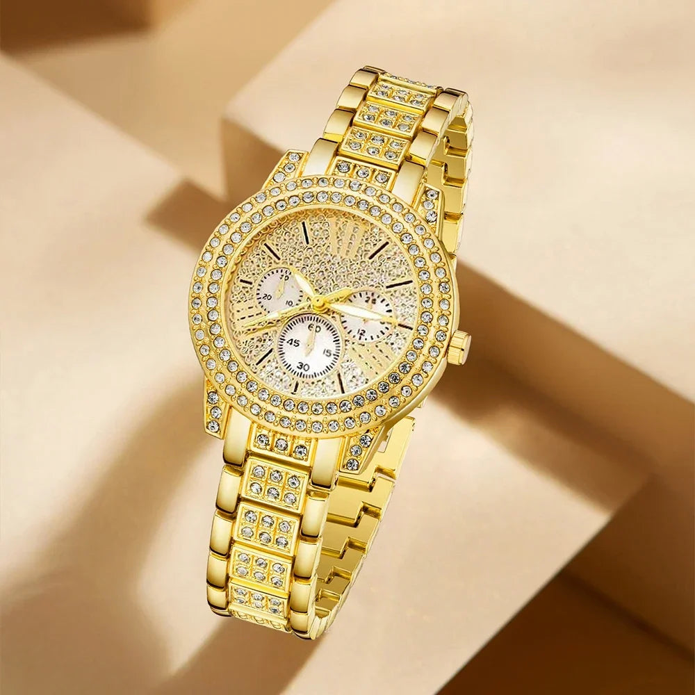 Rhinestone fashion watch women's quartz watch gold luxury women's Ring necklace Earrings Casual women's watch jewelry set