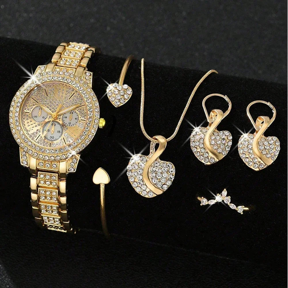 Rhinestone fashion watch women's quartz watch gold luxury women's Ring necklace Earrings Casual women's watch jewelry set