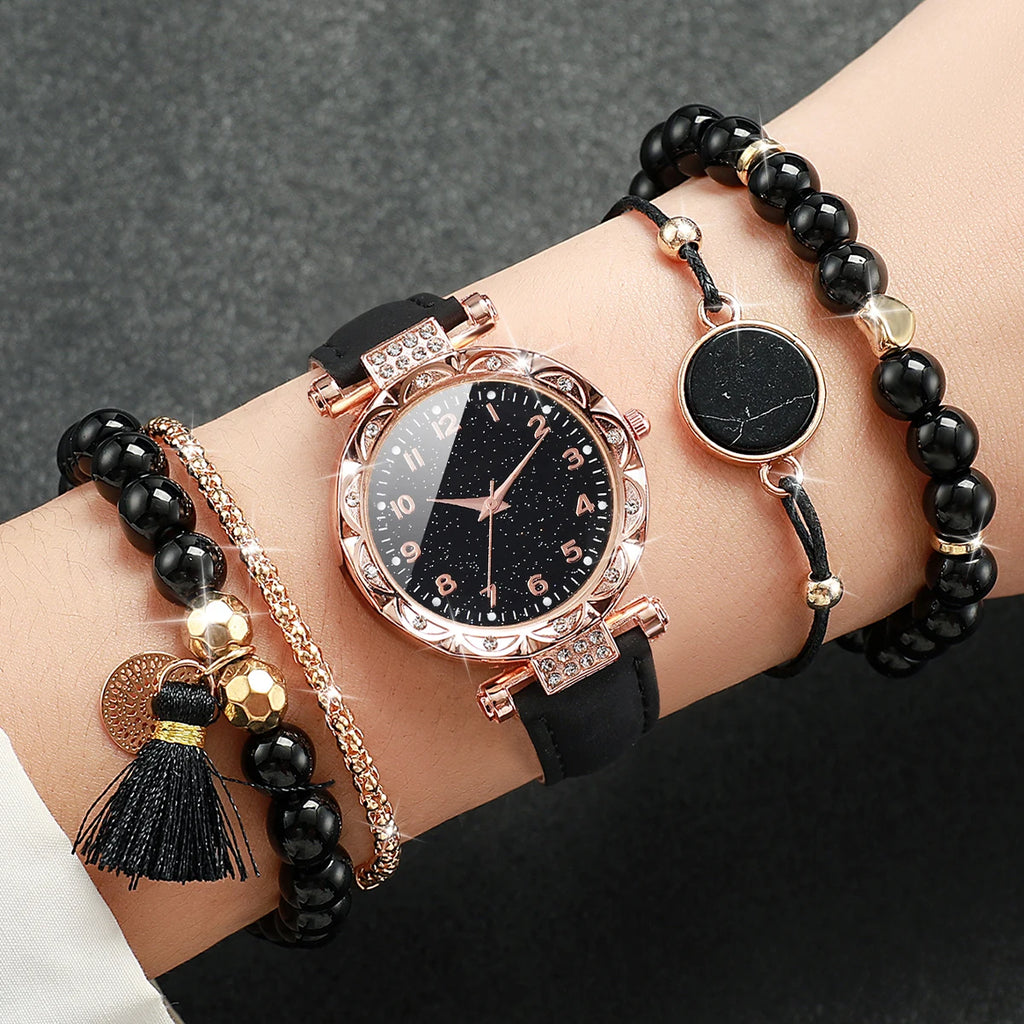 5PCS/Set Women's Watch Fashion Rhinestone Leather Band Quartz Watch Beads Bracelets Set(Without Box)