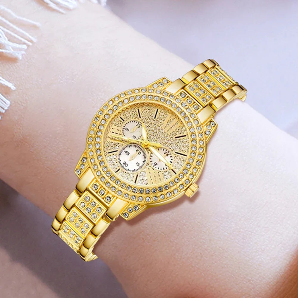 Rhinestone fashion watch women's quartz watch gold luxury women's Ring necklace Earrings Casual women's watch jewelry set