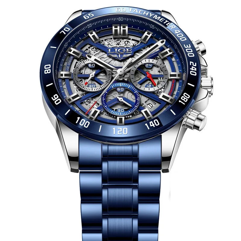 LIGE 2024 New Men Watch Top Brand Luxury Hollow Watch Men Waterproof Sport Quartz Chronograph Wrist Watch Man Relogio Masculino